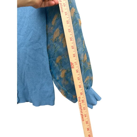 Sioni Cardigan Sweater Button Front Ribbed Sheer Floral Sleeves Blue Medium - Picture 11 of 12